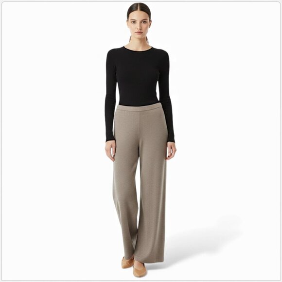 St. John Taupe Beige Gray Brown Santana Knit Wide Leg High Waisted Pants 12